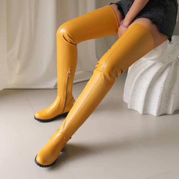 Women's Yellow Polyurethane Thigh High Over The Knee Rounded Toe Fashion Boots - Picture 6 of 7